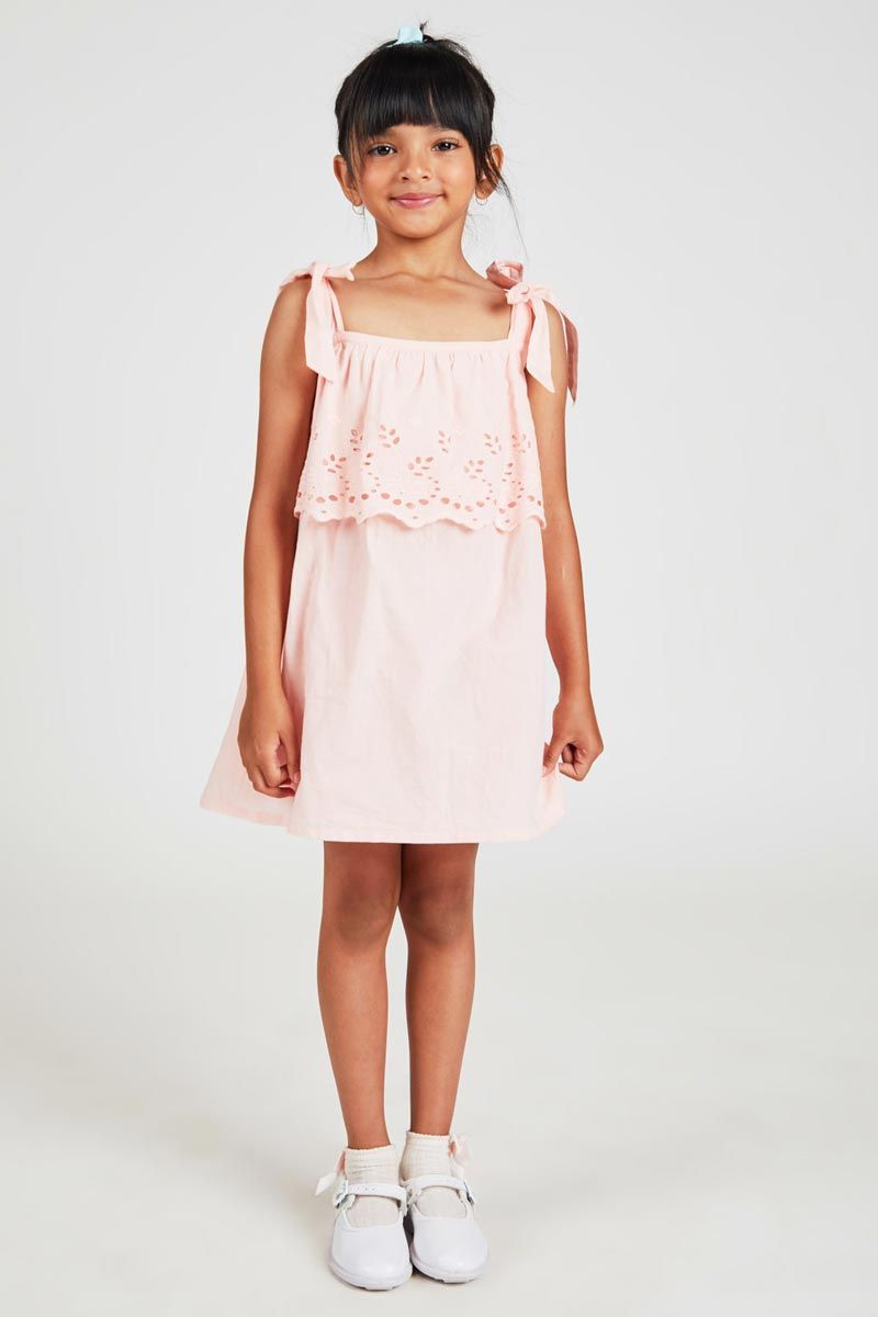 Pink Strappy Cotton Dress With Allover Schiffli Embroidery