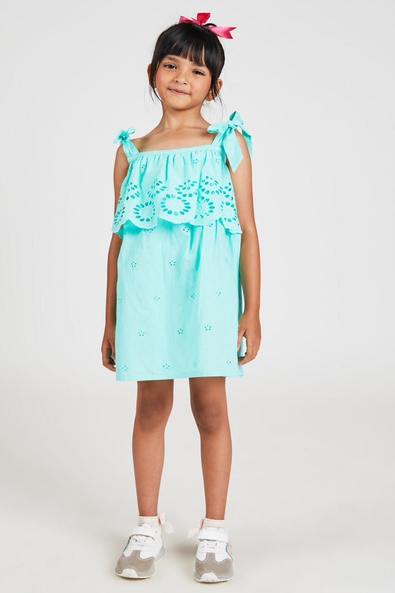 Light Blue Strappy Schiffli Dress With Allover Embroidery