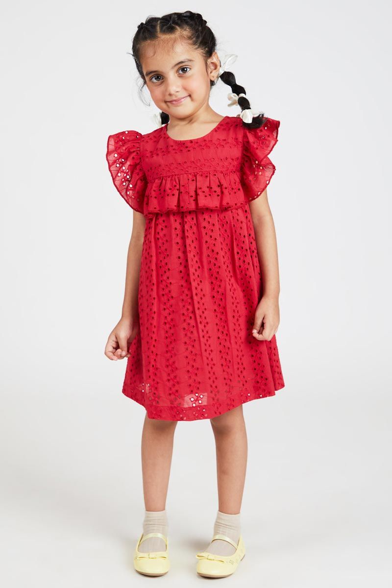 Red A Line Allover Embroidered Cotton Schiffli Dress