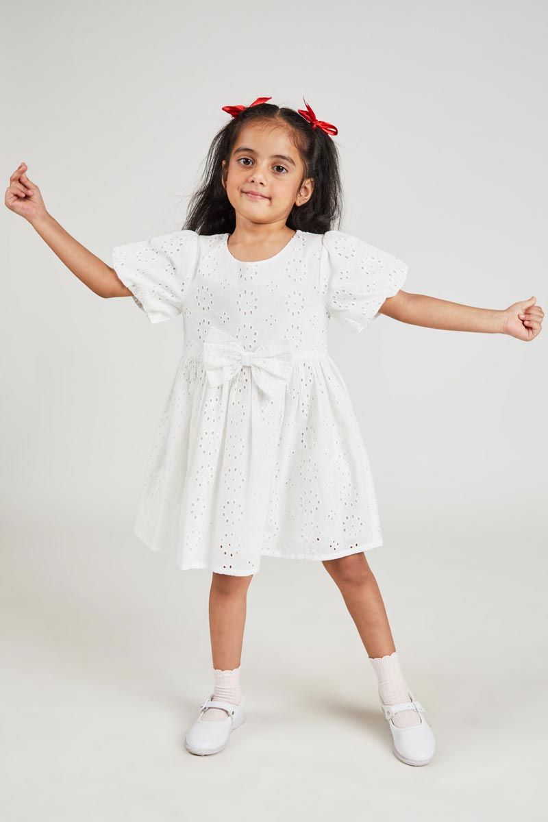 White A Line Allover Embroidered Cotton Schiffli Dress