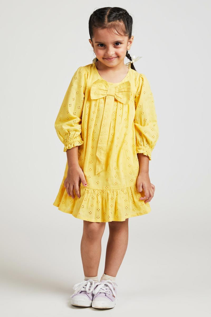 Yellow Fit And Flare Allover Embroidered Cotton Schiffli Dress