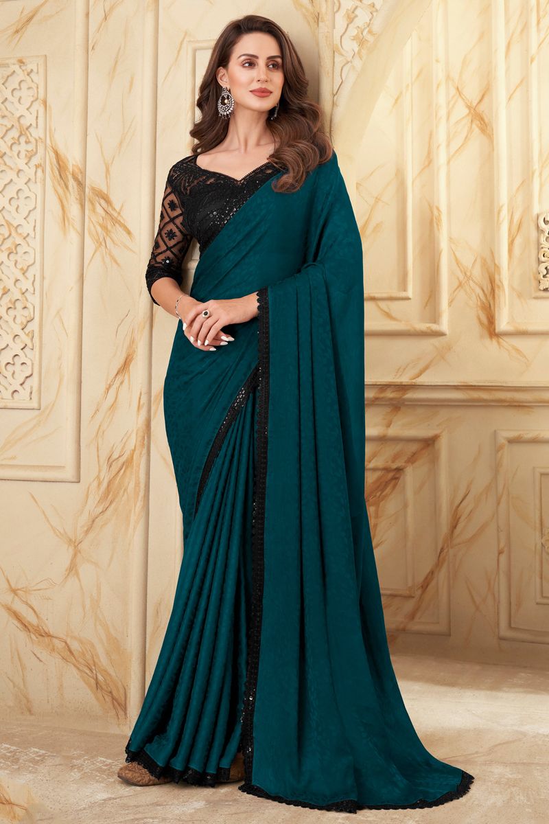 Fetching Border Work Party Style Silk Saree In Teal Color