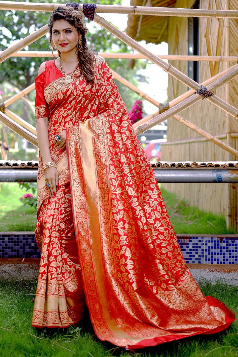 Weaving Work On Banarasi Silk Red Color Saree