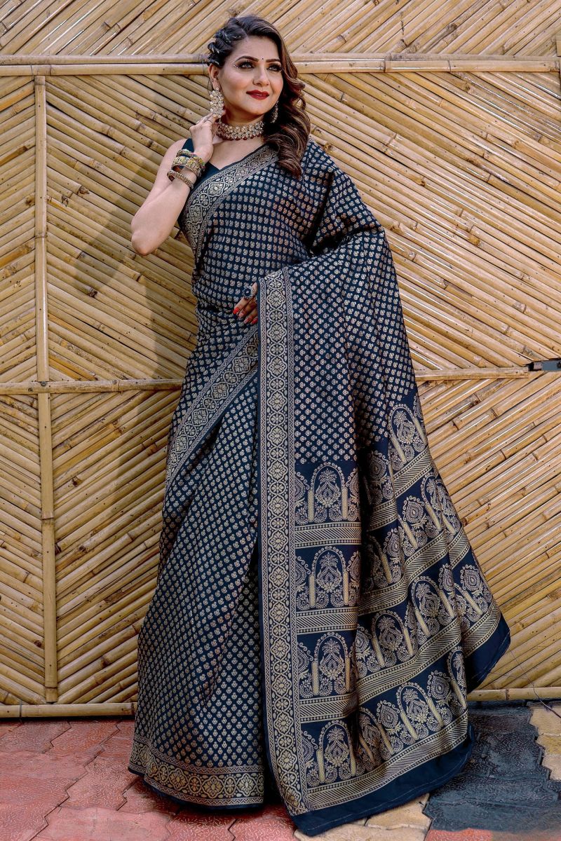 Banarasi Silk Navy Blue Color Delicate Saree With Weaving Work