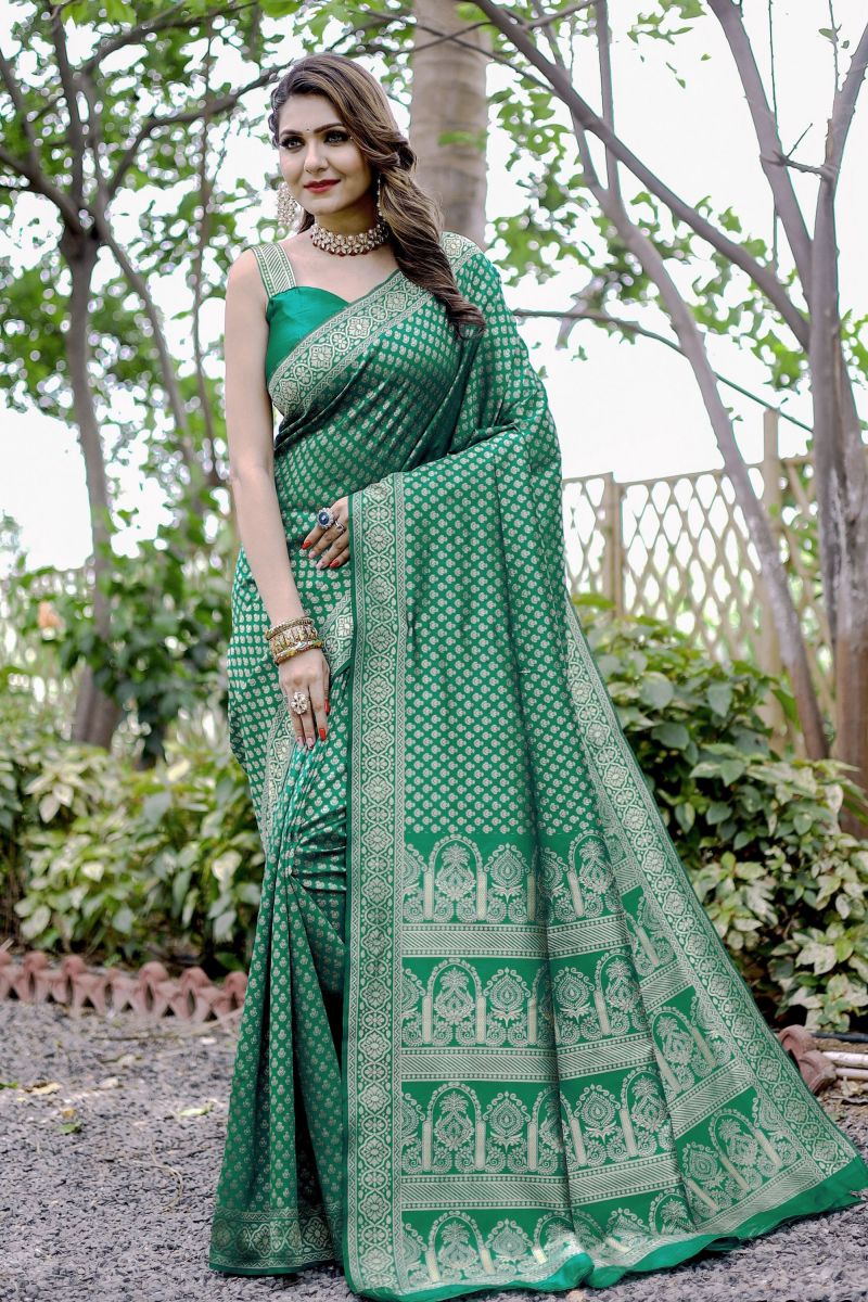 Weaving Work On Green Color Banarasi Silk Saree