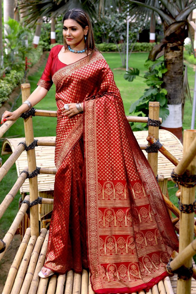 Banarasi Silk Maroon Color Saree With Weaving Work