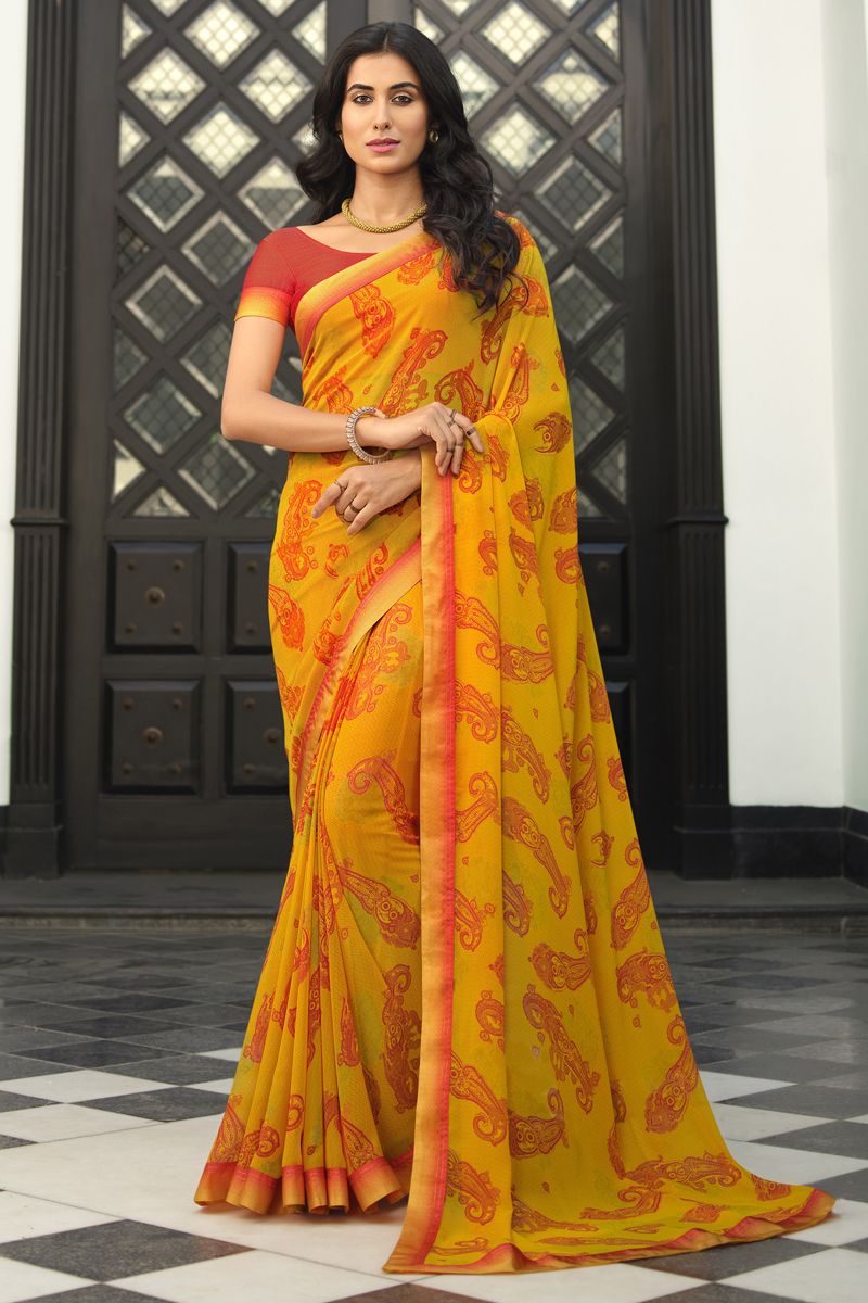 Radiant Printed Designs On Yellow Color Organza Fabric Saree