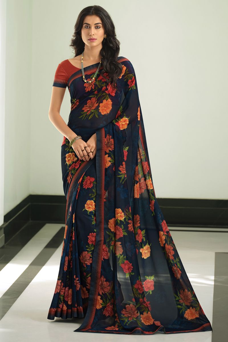 Excellent Organza Fabric Navy Blue Color Saree With Printed Designs