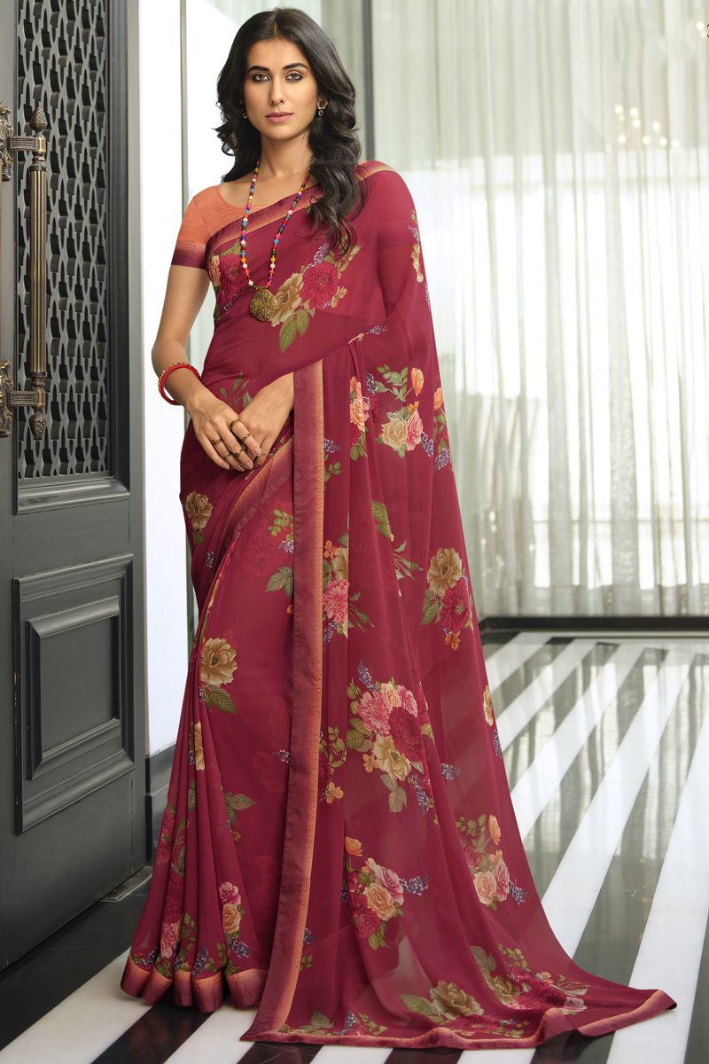 Maroon Color Printed Designs On Organza Fabric Beatific Saree