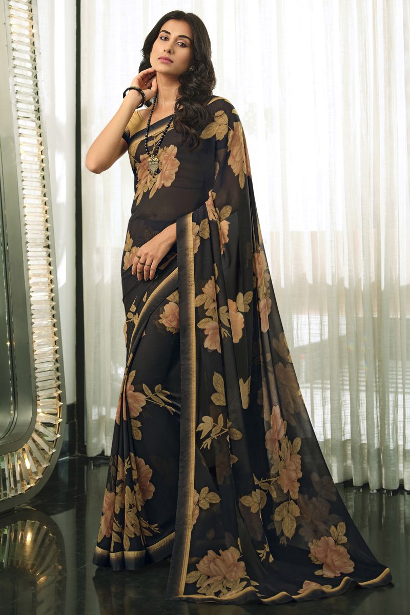 Incredible Printed Designs On Organza Fabric Black Color Saree