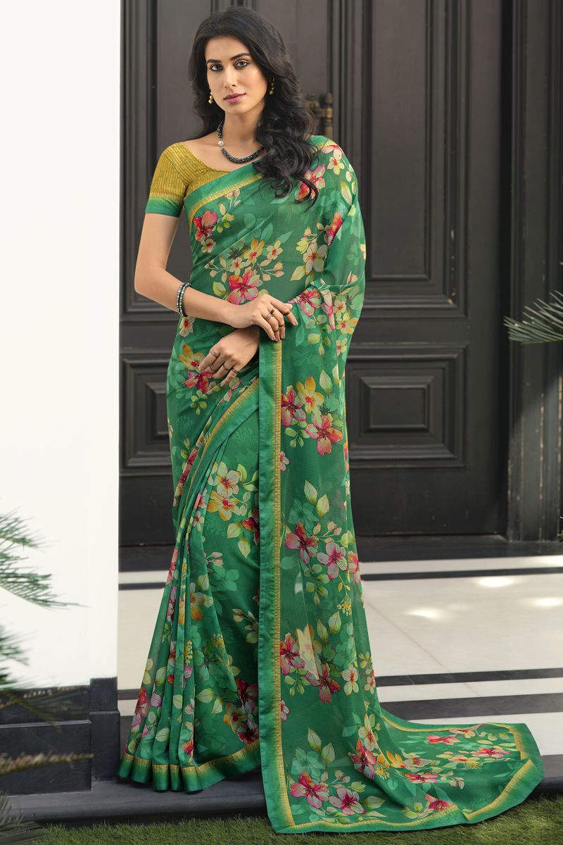 Tempting Organza Fabric Green Color Saree With Printed Designs