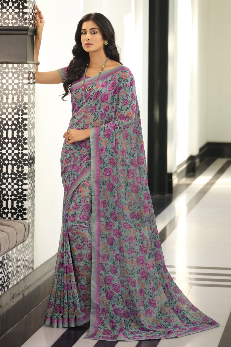 Engaging Lavender Color Organza Fabric Saree With Printed Designs