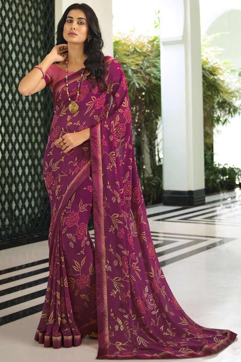 Classic Printed Designs Wine Color Saree In Organza Fabric