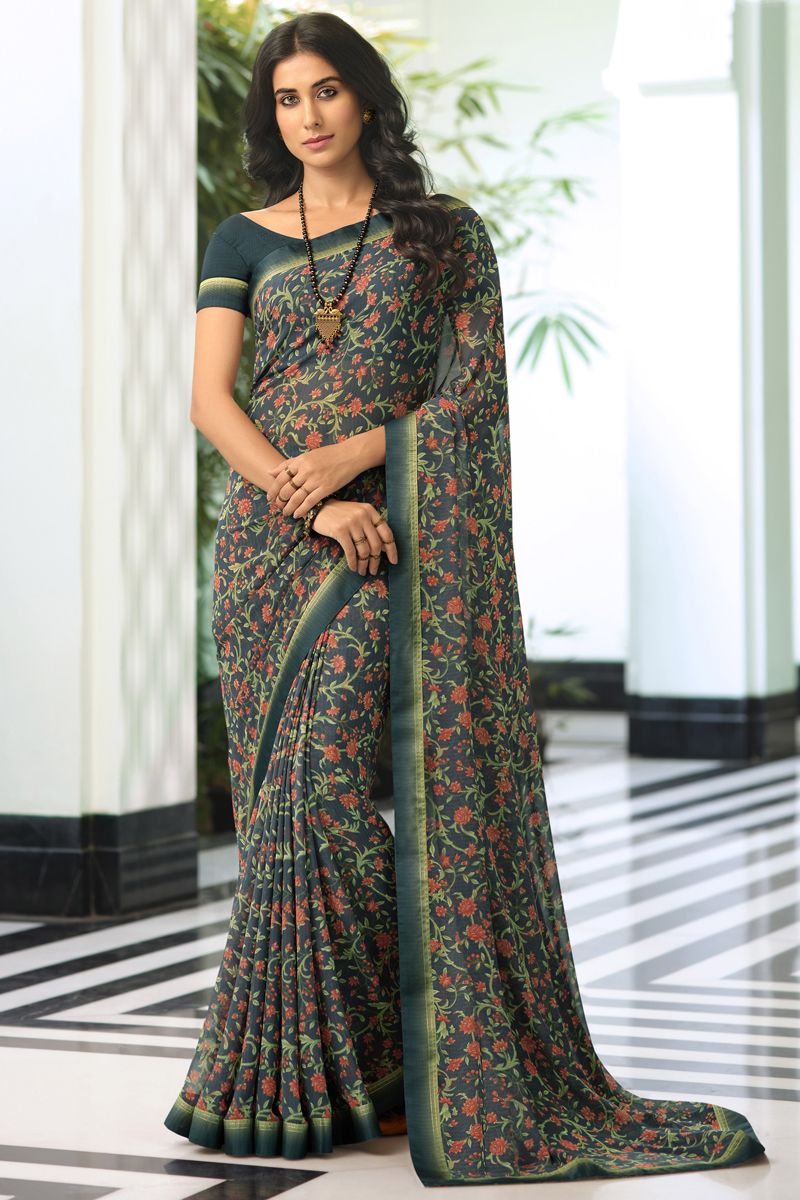 Dazzling Printed Designs On Grey Color Saree In Organza Fabric