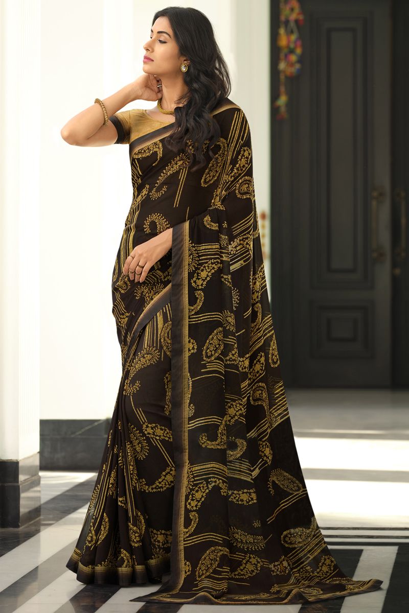 Charming Black Color Organza Fabric Saree With Printed Designs