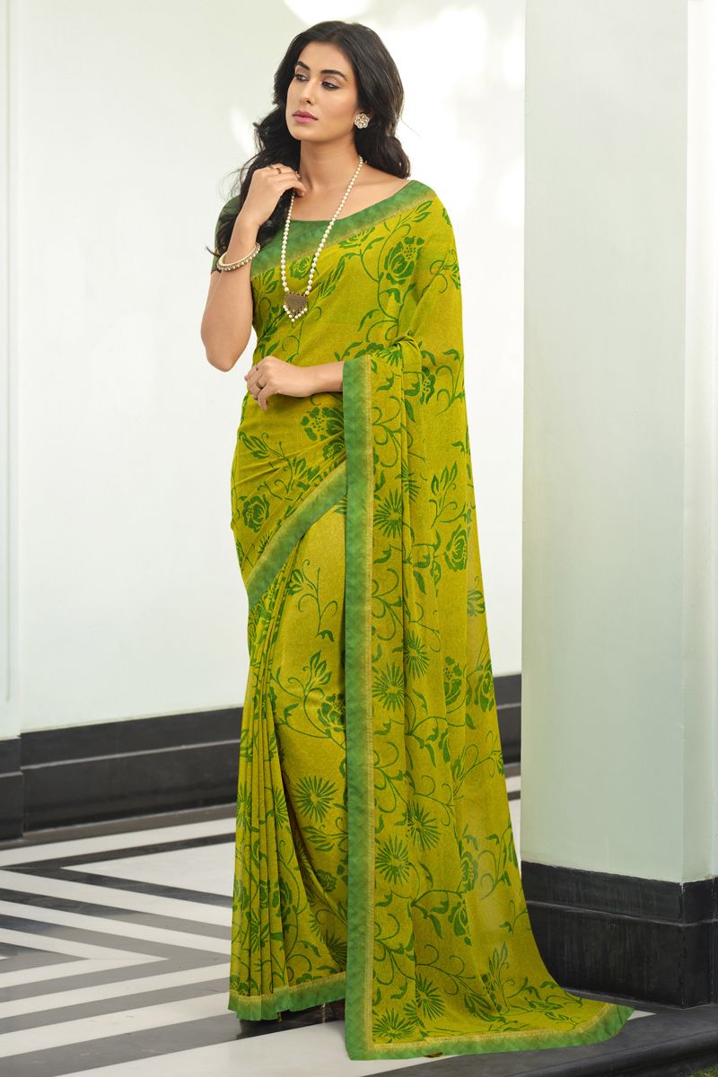 Mesmeric Green Color Printed Designs On Saree In Organza Fabric