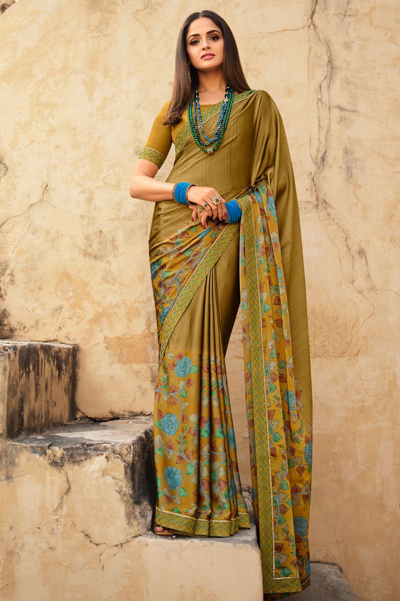 Chiffon Fabric Mehendi Green Color Incredible Saree