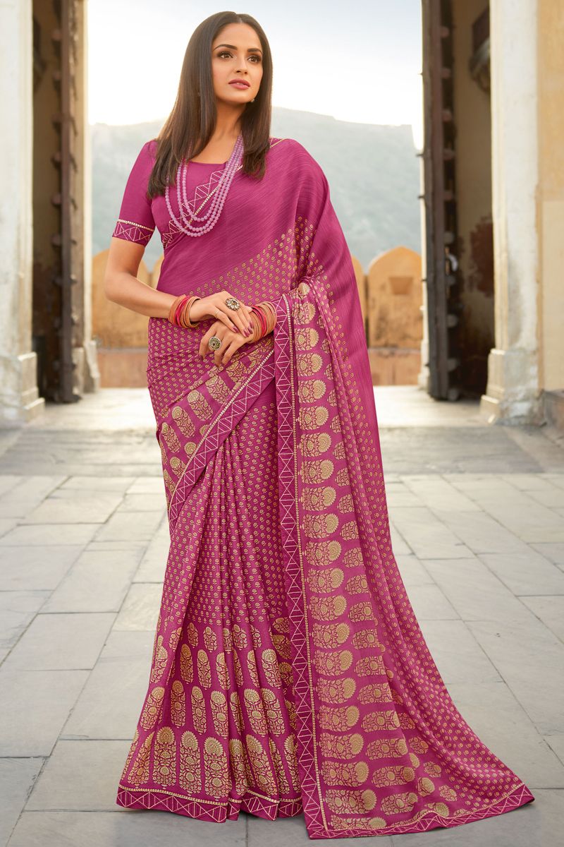 Georgette Fabric Pink Color Majestic Saree