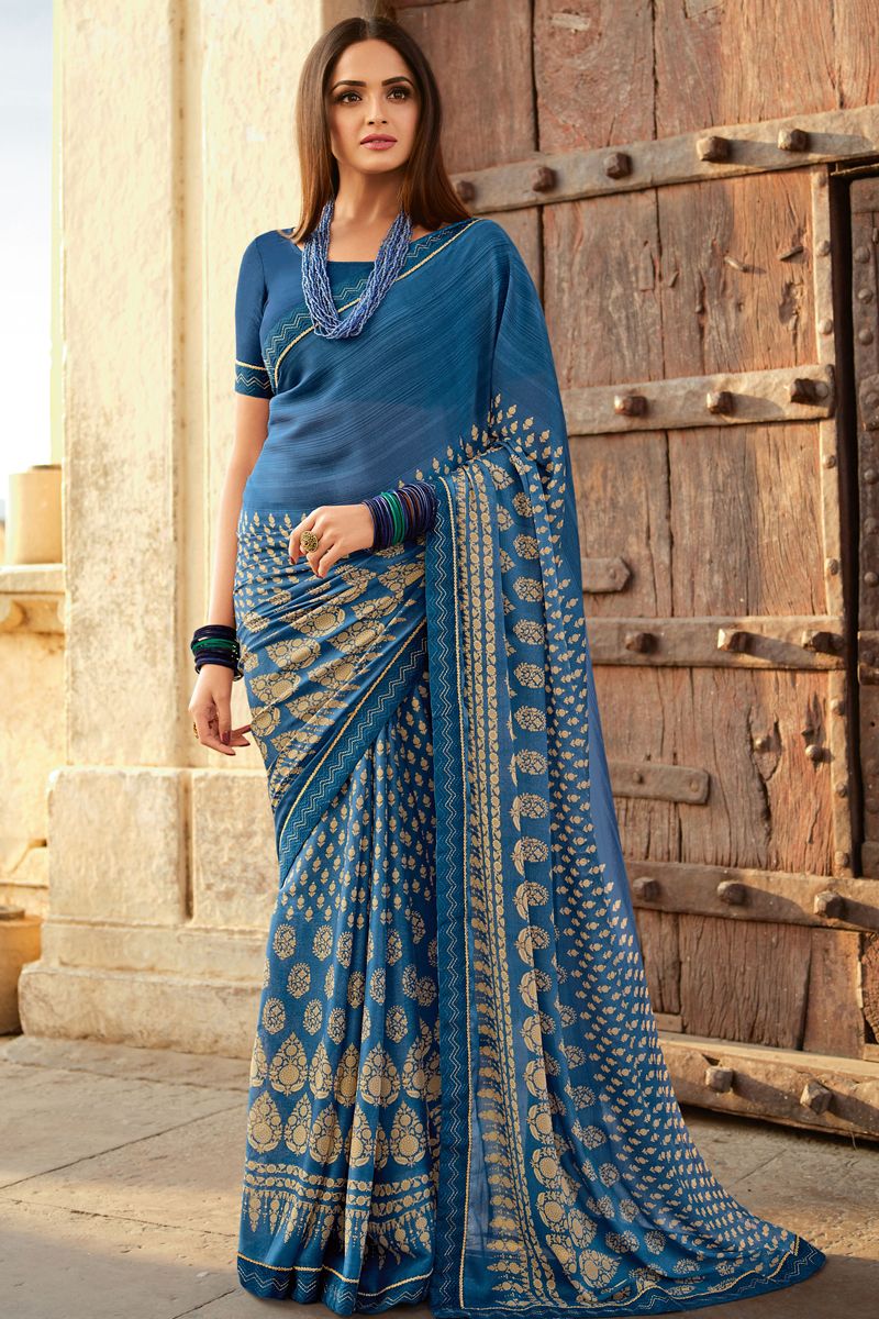 Marvellous Georgette Fabric Saree In Blue Color