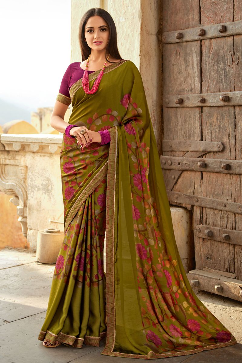 Attractive Georgette Fabric Green Color Saree