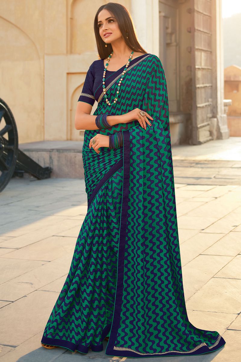 Georgette Fabric Dark Cyan Color Princely Saree