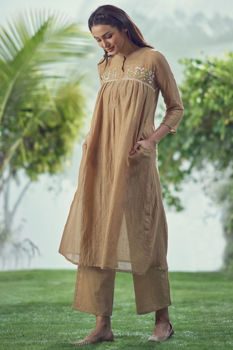 Brown Color Mal Cotton Readymade Kurta Set