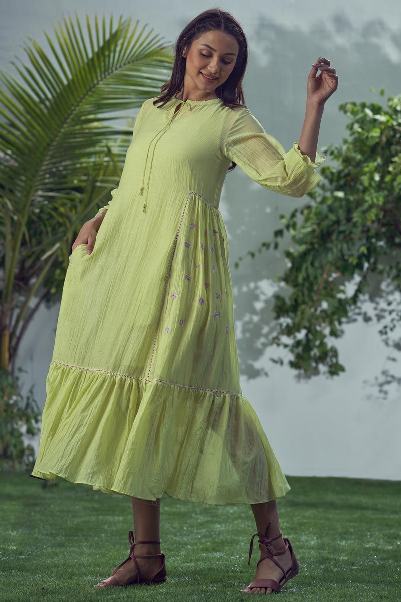 Green Color Mal Cotton Readymade Midi Dress