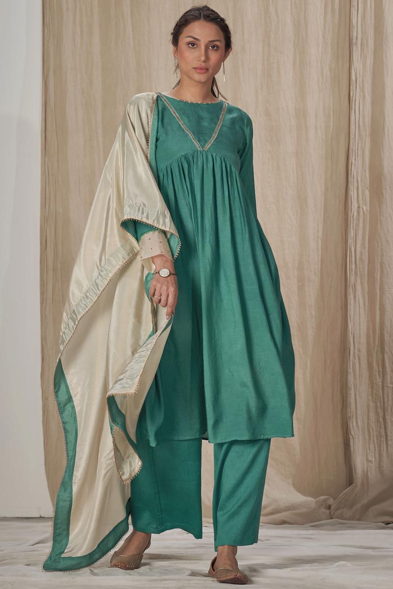 Teal Color Muslin Silk Readymade Palazzo Kurta Set