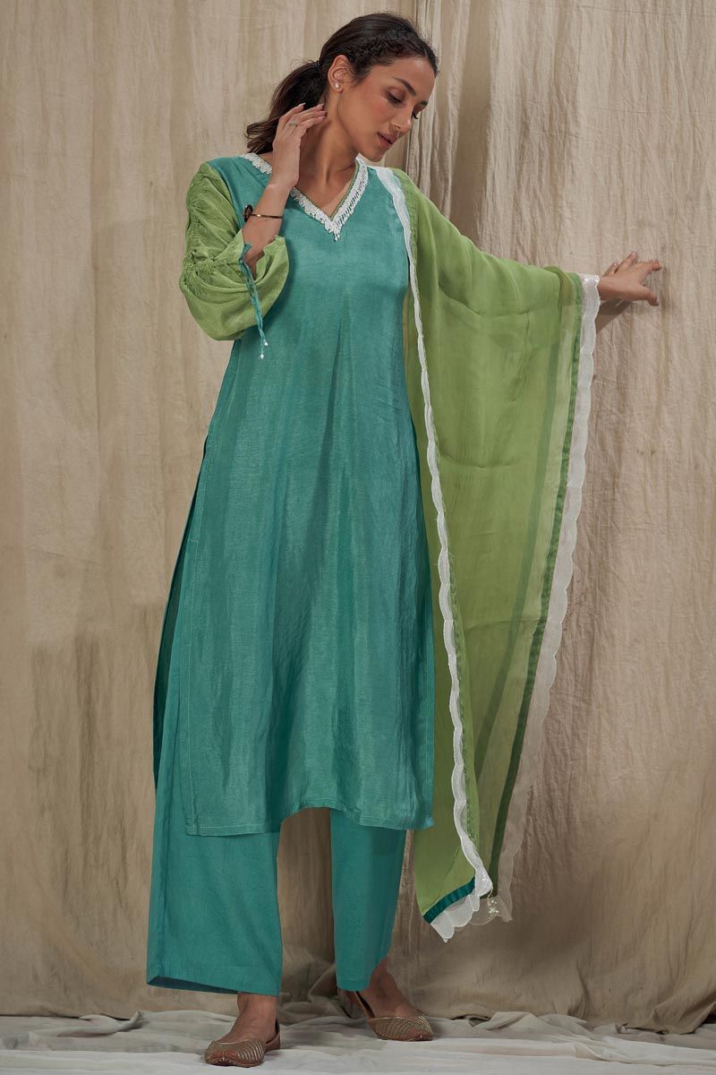 Muslin Silk Readymade Palazzo Kurta Set In Teal Color