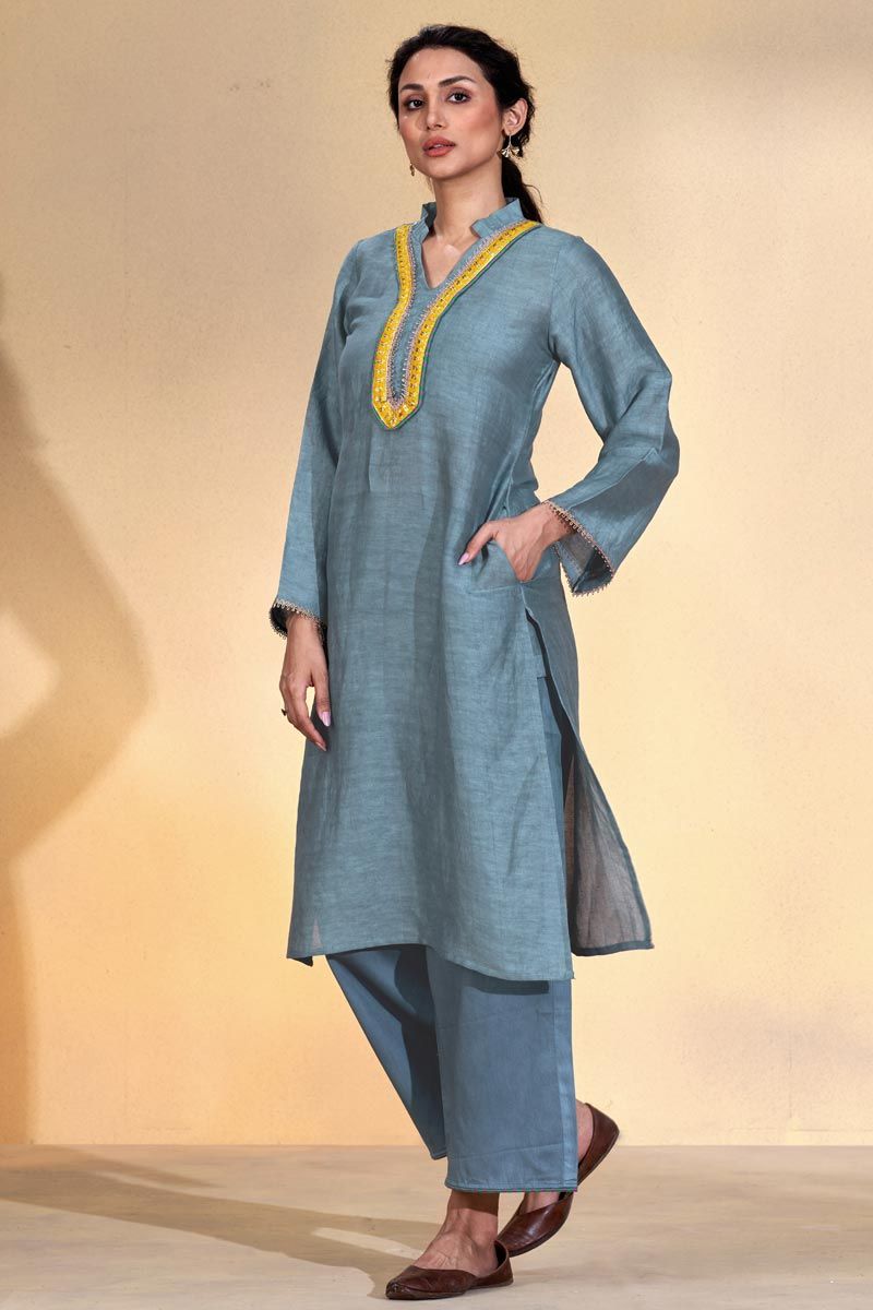 Grey Color Viscose Linen Readymade Kurta Set