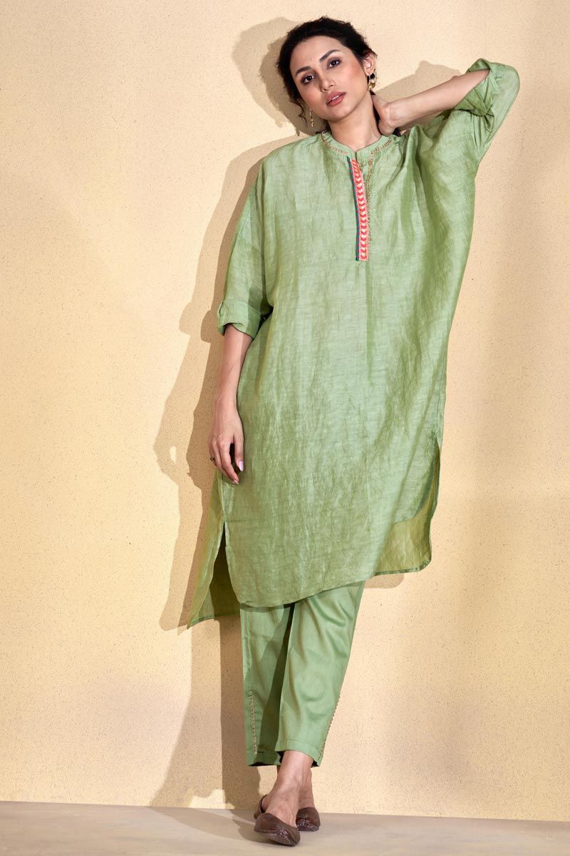 Sea Green Color Viscose Linen Readymade Kurta Set