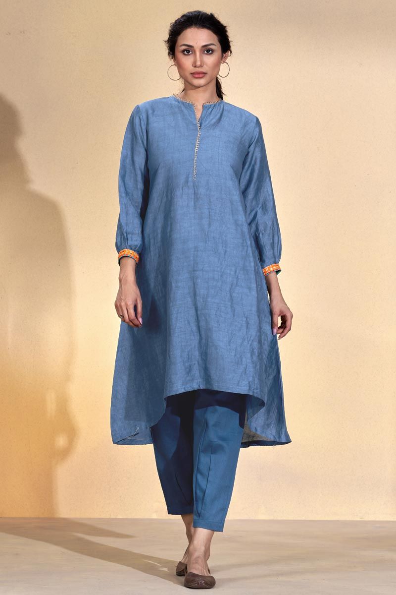 Blue Color Viscose Linen Readymade Kurta Set