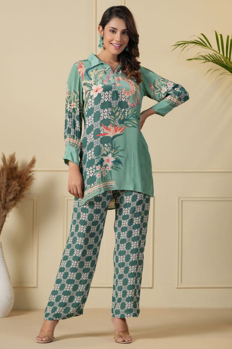 Sea Green Satin Festive Wear Printed Stylish Readymade Co-Ord Set