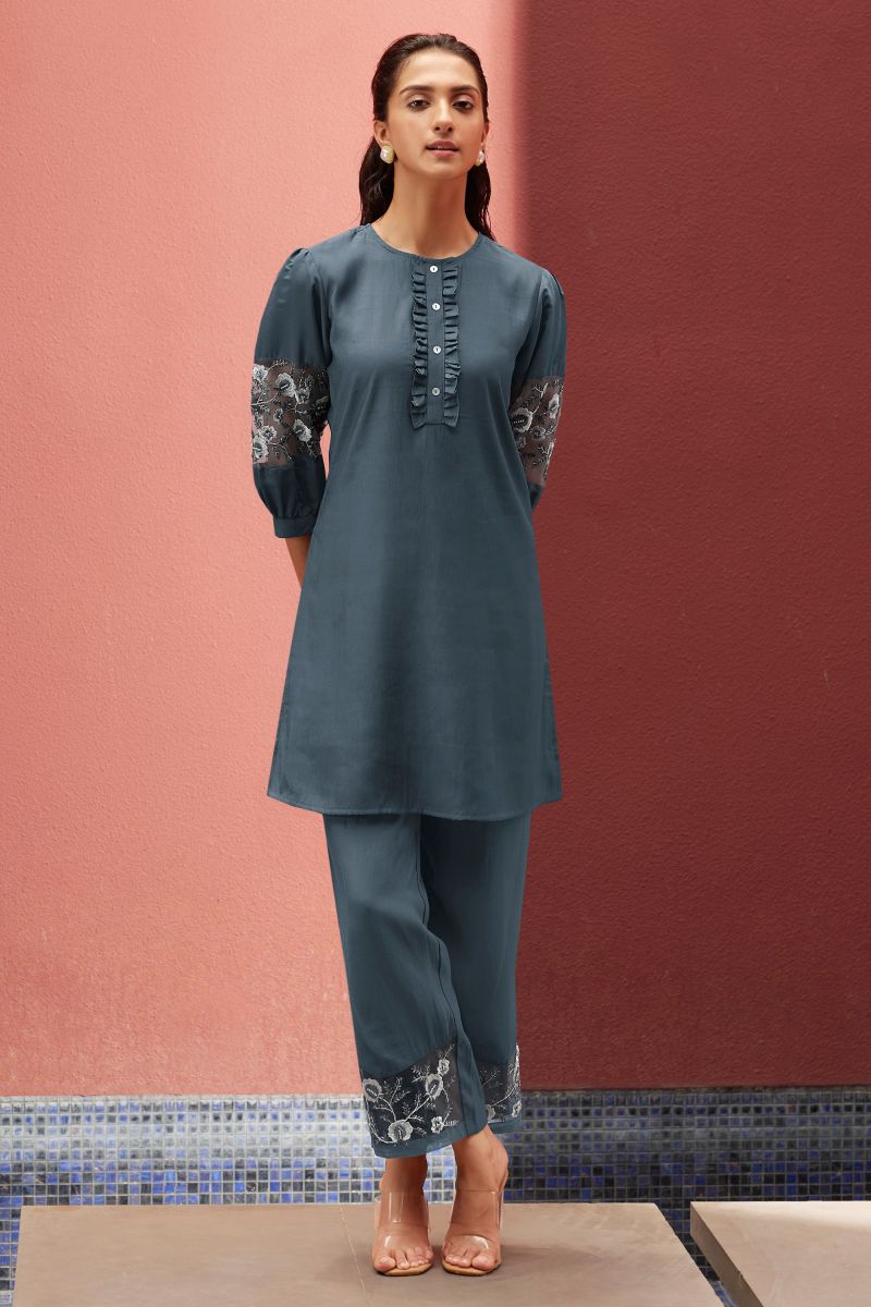 Blue Color Viscose Party Wear Embroidered Work Readymade Co-Ord Set