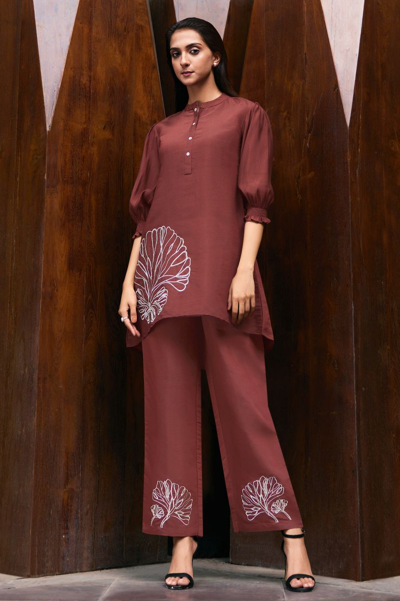 Brown Color Viscose Embroidered Work Stylish Readymade Co-Ord Set