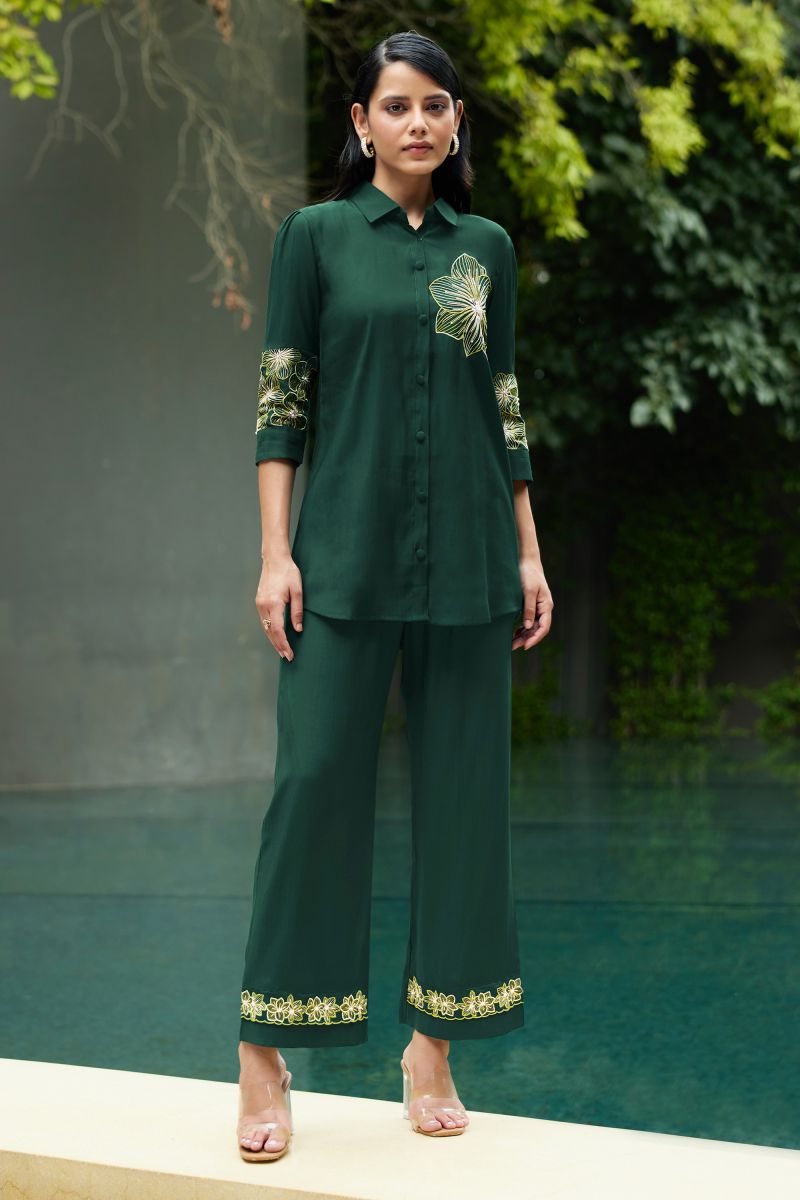 Green Viscose Festive Wear Embroidered Work Stylish Readymade Co-Ord Set