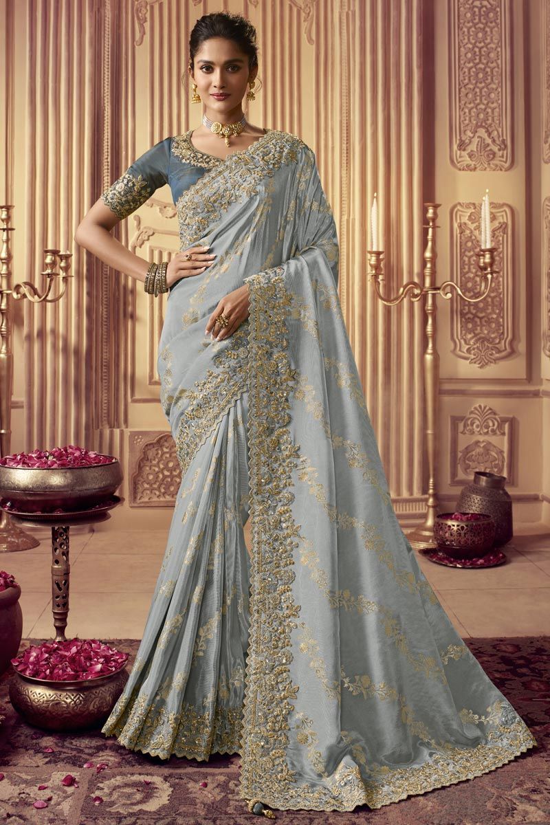 Brilliant Embroidered Viscose Fabric Party Look Saree In Grey Color