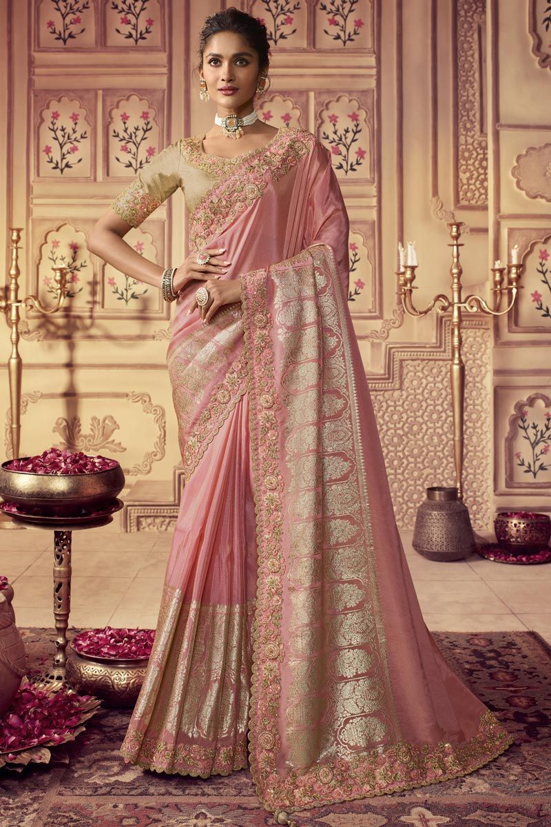 Pink Color Attractive Embroidered Viscose Fabric Party Look Saree