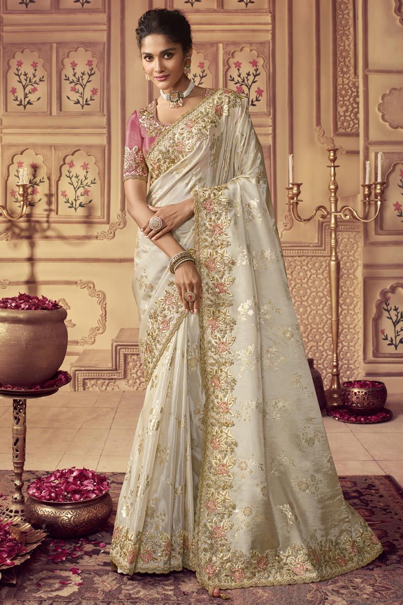 Wonderful Embroidered Viscose Fabric Party Look Saree In Off White Color