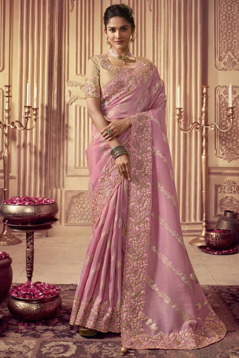 Pink Color Lovely Embroidered Viscose Fabric Party Look Saree