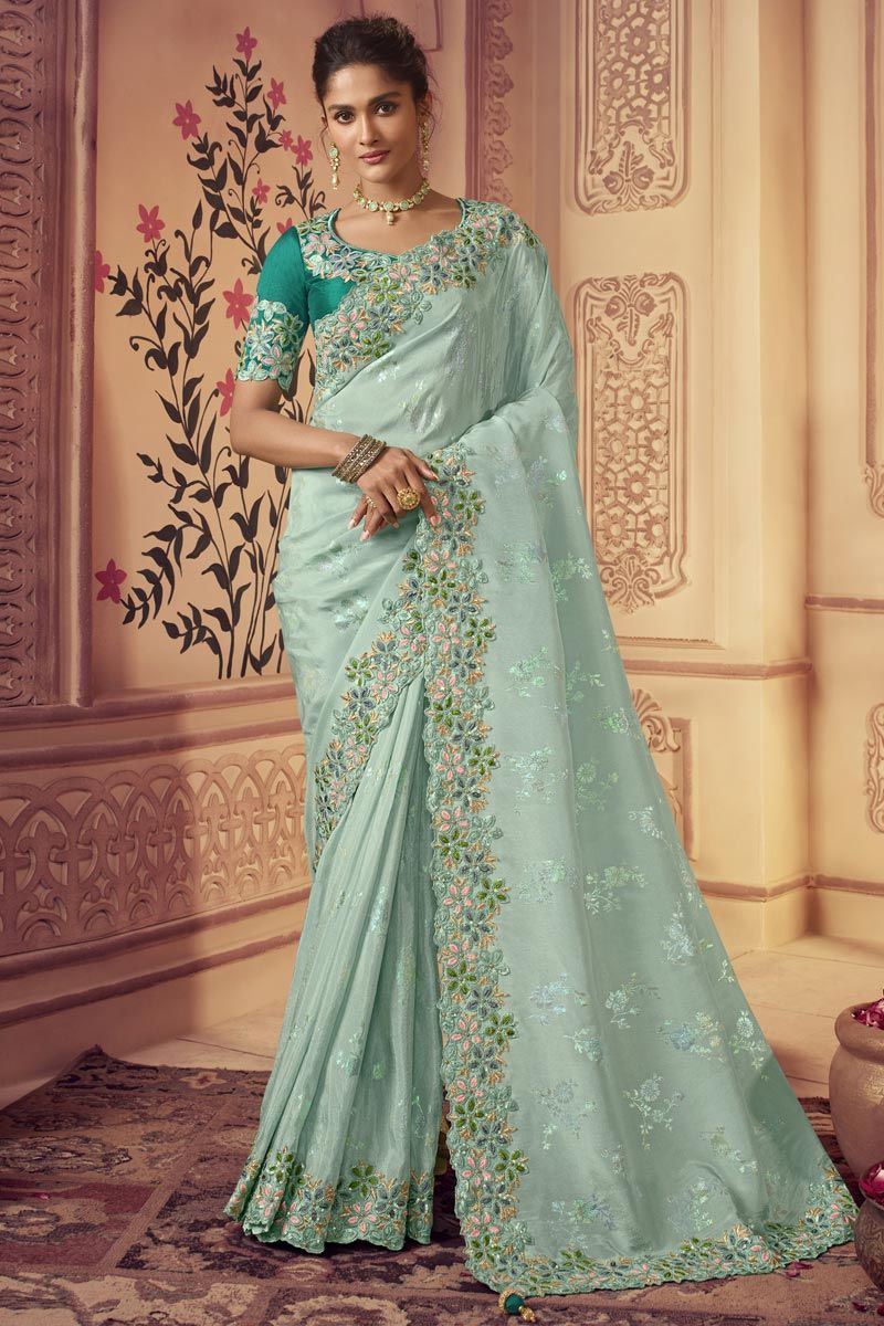 Light Cyan Color Enticing Embroidered Viscose Fabric Party Look Saree