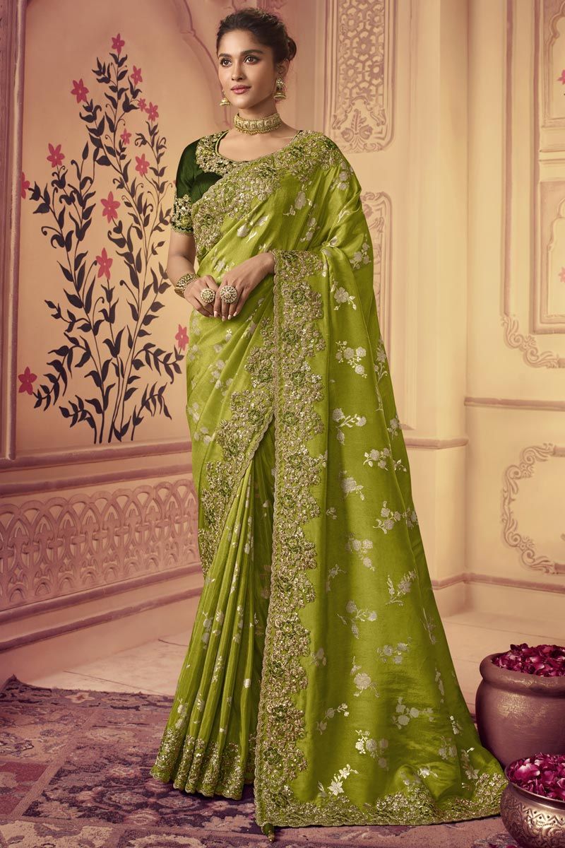 Green Color Supreme Embroidered Viscose Fabric Party Look Saree