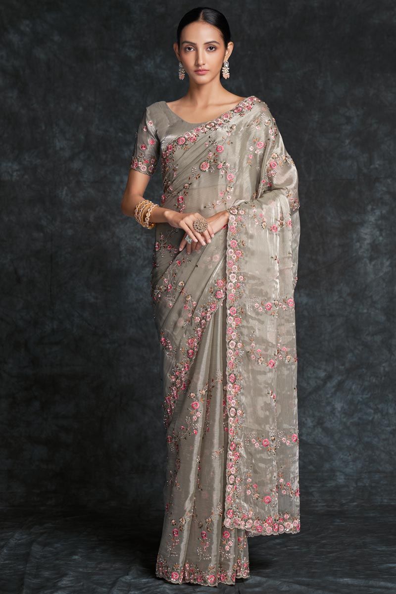 Organza Olive Color Traditional Saree