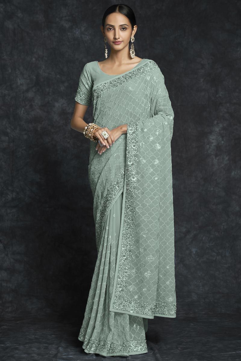 Sea Green Georgette Embroidered Classic Saree