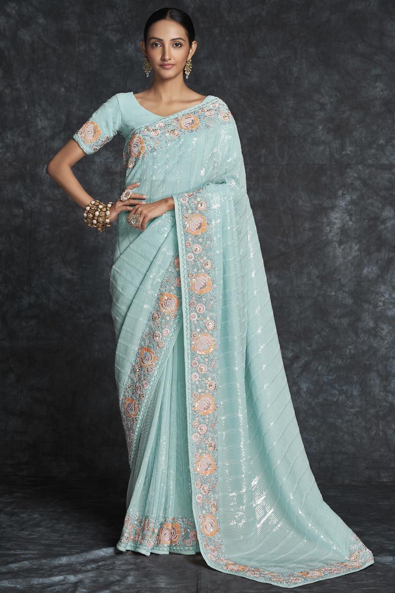 Light Cyan Georgette Wedding Contemporary Saree