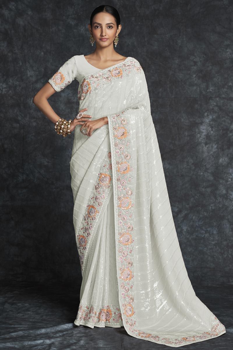 Georgette Embroidered White Contemporary Saree