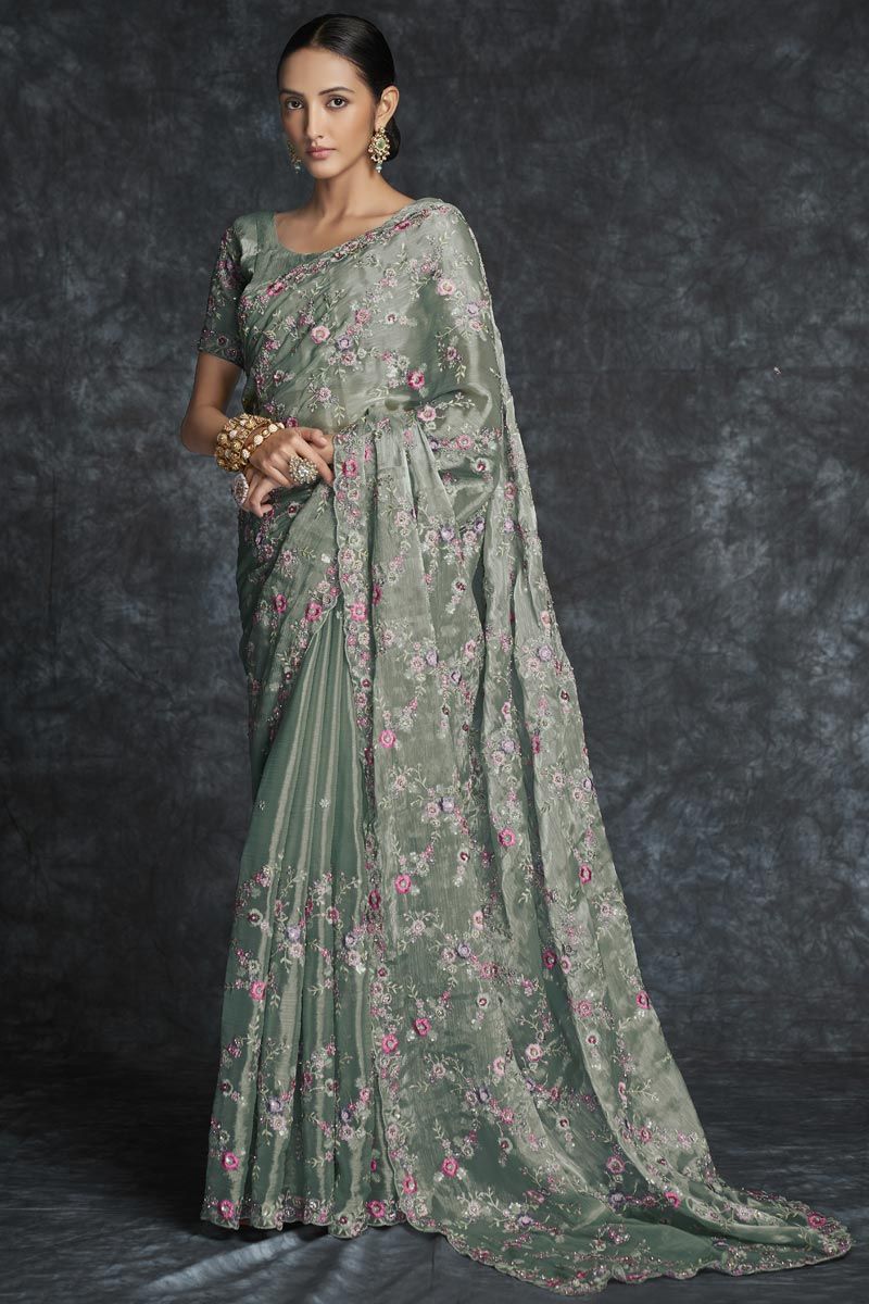 Organza Embroidered Olive Color Classic Saree