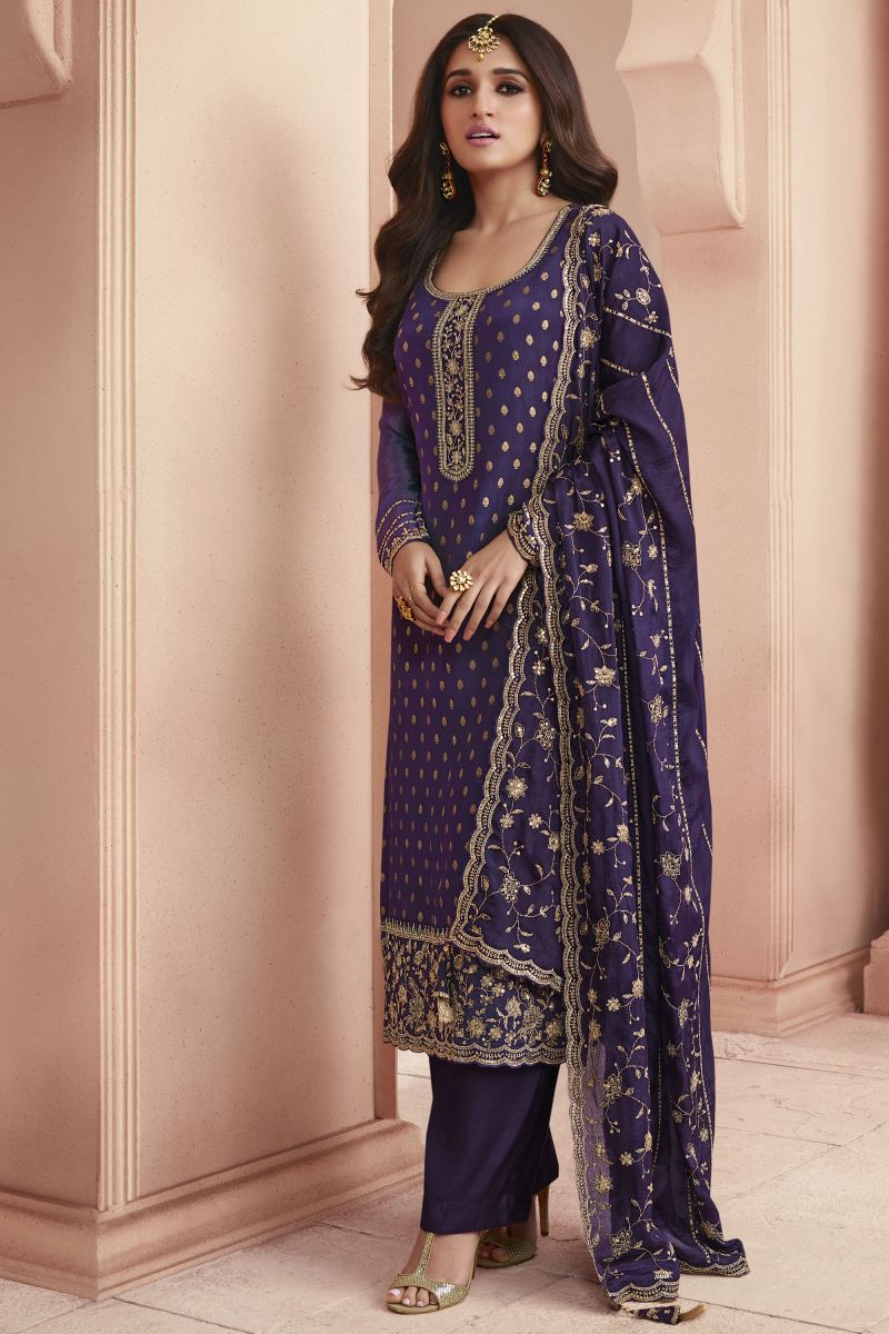 Nidhi Shah Purple Color Jacquard Fabric Party Look Salwar Suit