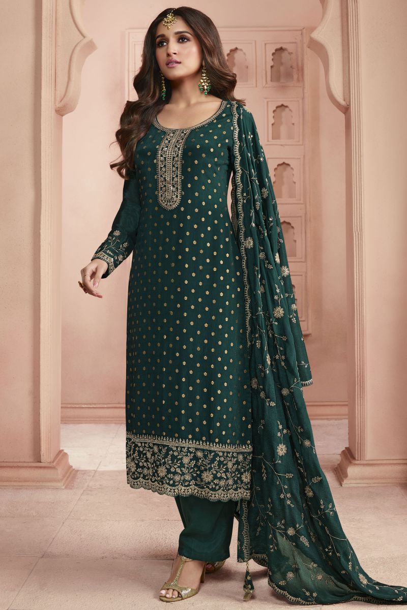 Nidhi Shah Dark Green Color Jacquard Fabric Salwar Suit For Party