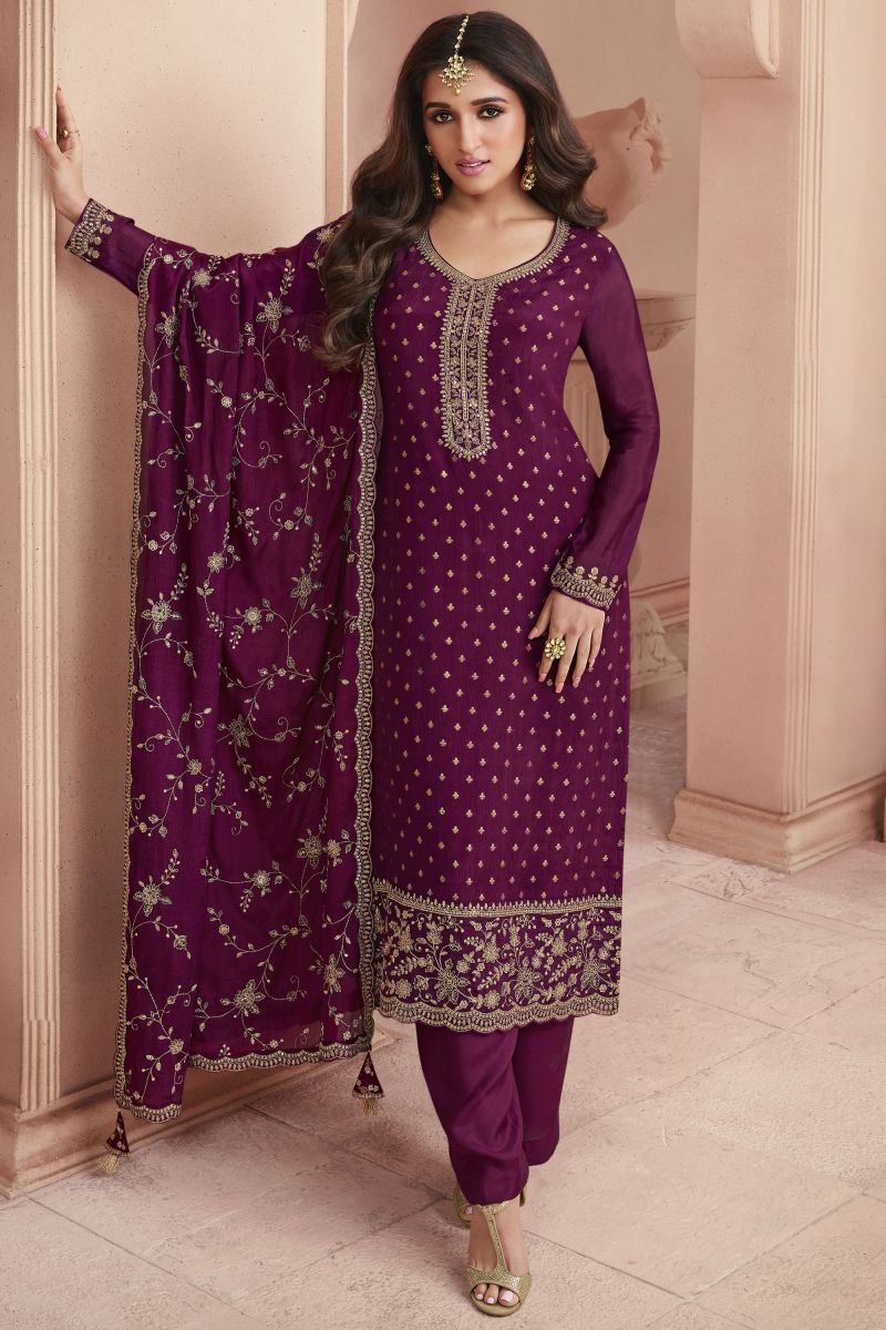 Nidhi Shah Wine Color Jacquard Fabric Embroidery Work Fashionable Salwar Kameez For Party look